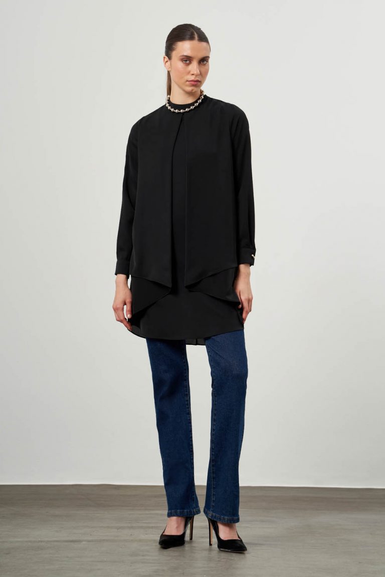 Mizalle Hakim Yaka Önü Volan Parçalı Siyah Uzun Tunik - Mizalle