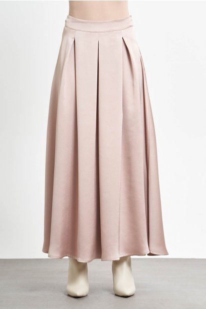 Mizalle Kalın Pileli Pudra Pembe Maksi Saten Etek - Mizalle