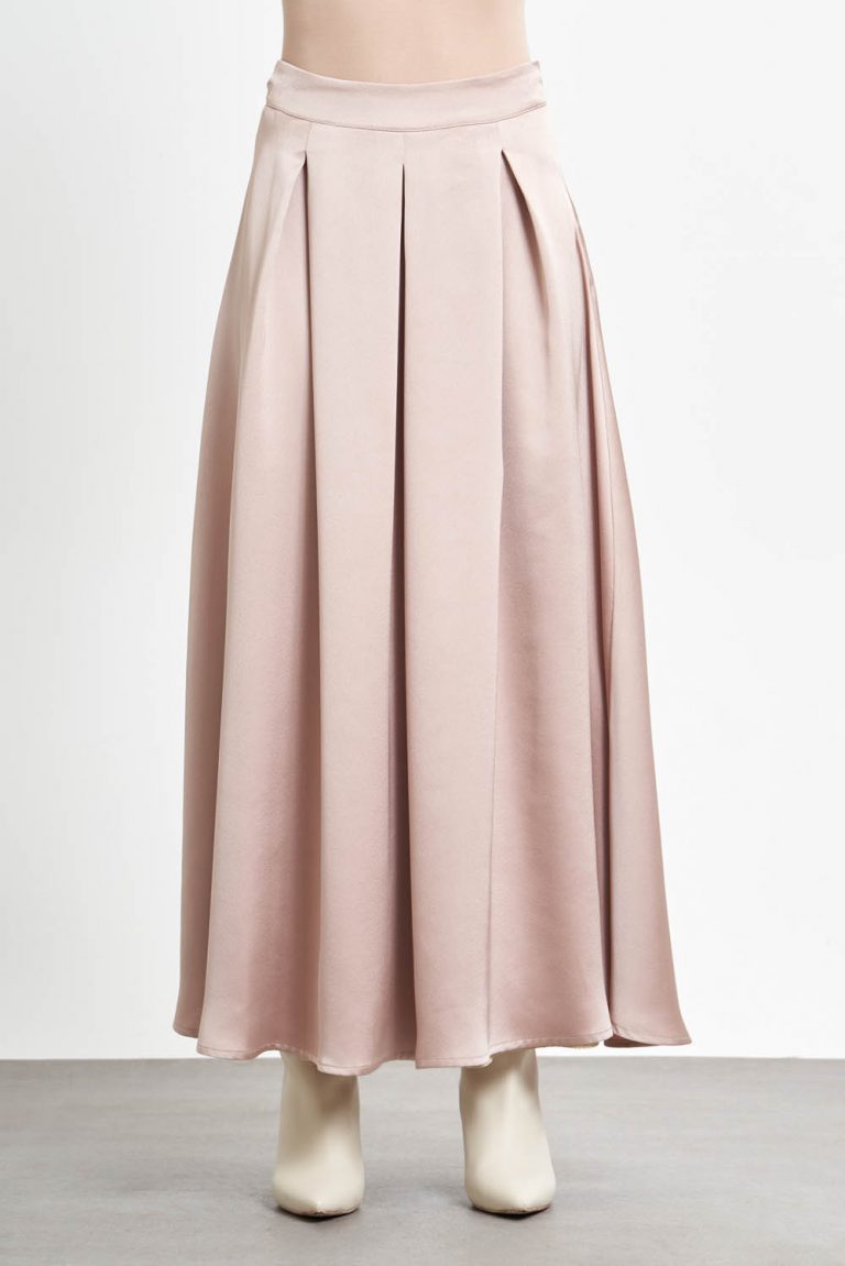 Mizalle Kalın Pileli Pudra Pembe Maksi Saten Etek - Mizalle