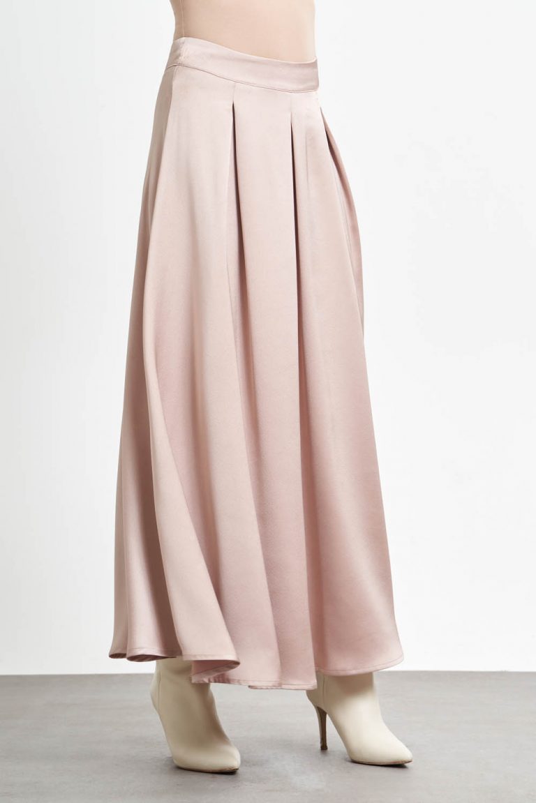 Mizalle Kalın Pileli Pudra Pembe Maksi Saten Etek - Mizalle