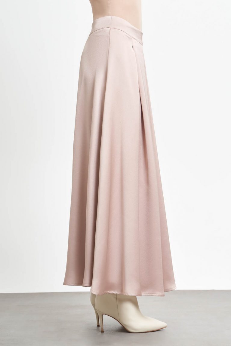 Mizalle Kalın Pileli Pudra Pembe Maksi Saten Etek - Mizalle