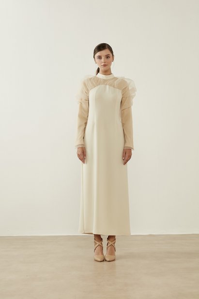 Organze Fırfırlı Ekru Elbise - Mizalle