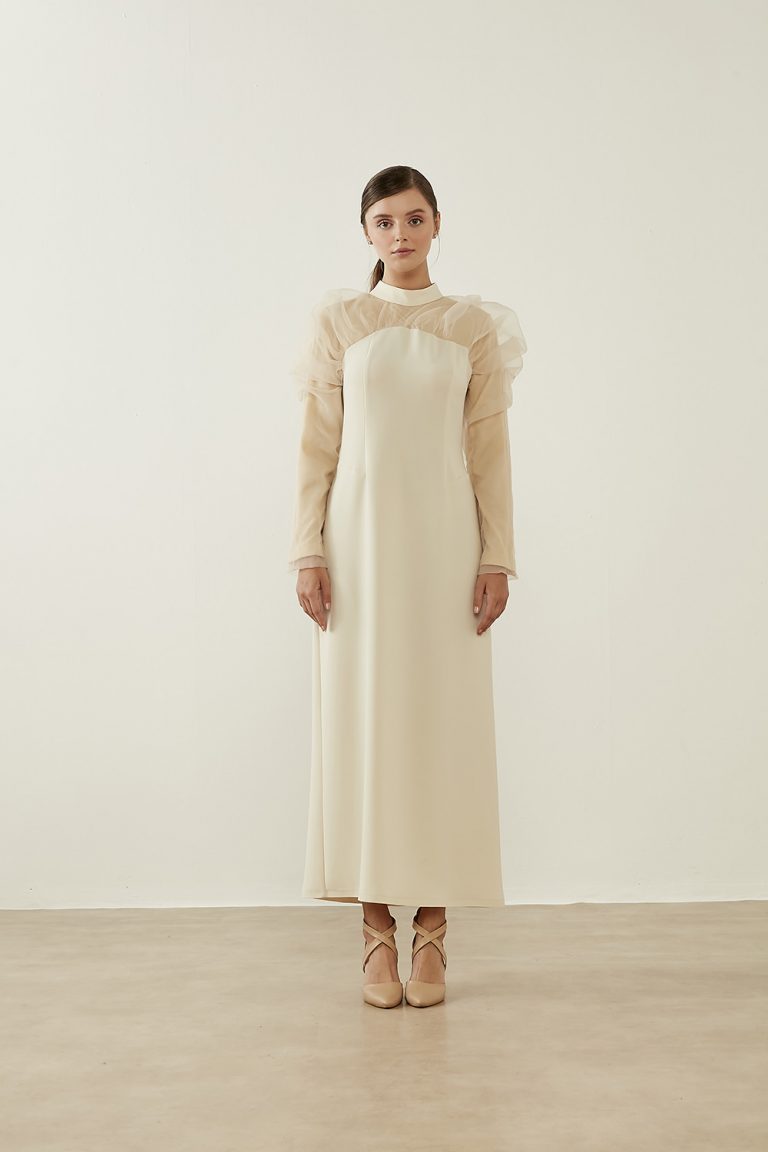 Organze Fırfırlı Ekru Elbise - Mizalle