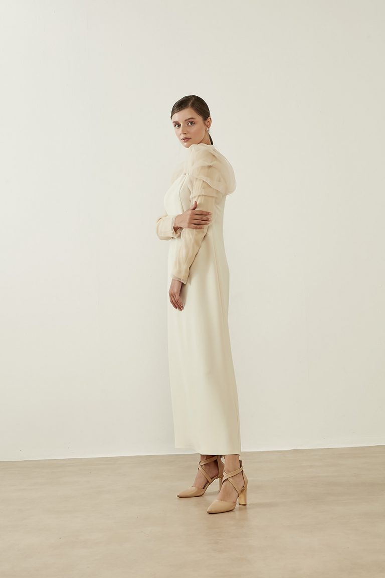 Organze Fırfırlı Ekru Elbise - Mizalle