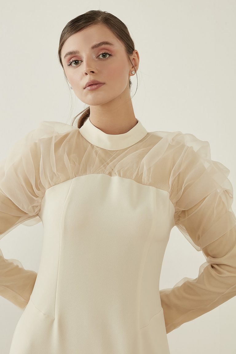 Organze Fırfırlı Ekru Elbise - Mizalle