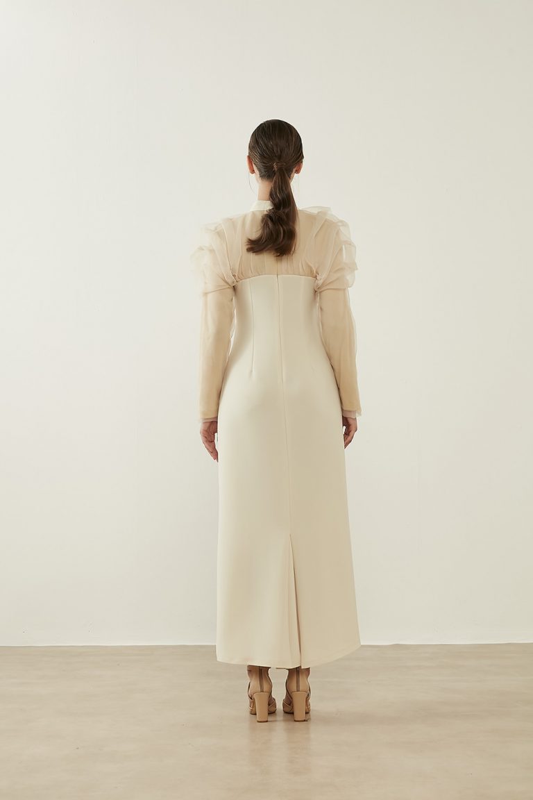 Organze Fırfırlı Ekru Elbise - Mizalle