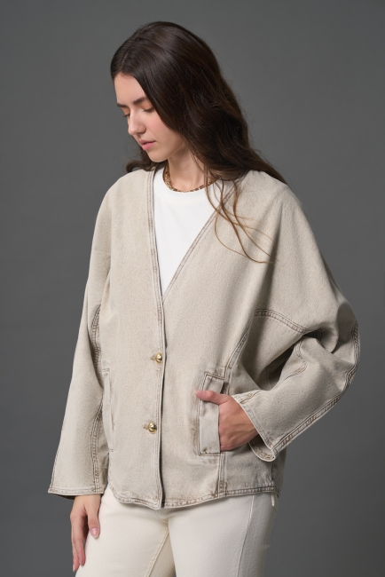 Mizalle Bej Rengi Oversize Yakasız Denim Ceket - 1