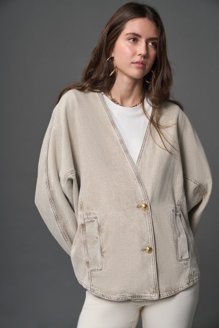 Mizalle Bej Rengi Oversize Yakasız Denim Ceket - 2