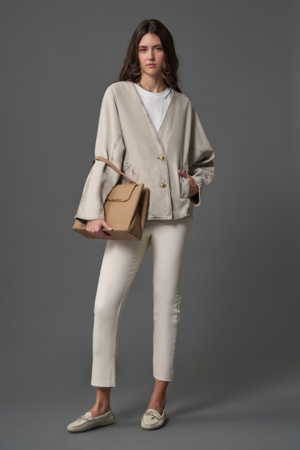 Mizalle Bej Rengi Oversize Yakasız Denim Ceket - 3