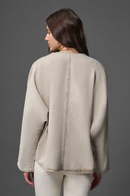 Mizalle Bej Rengi Oversize Yakasız Denim Ceket - 4