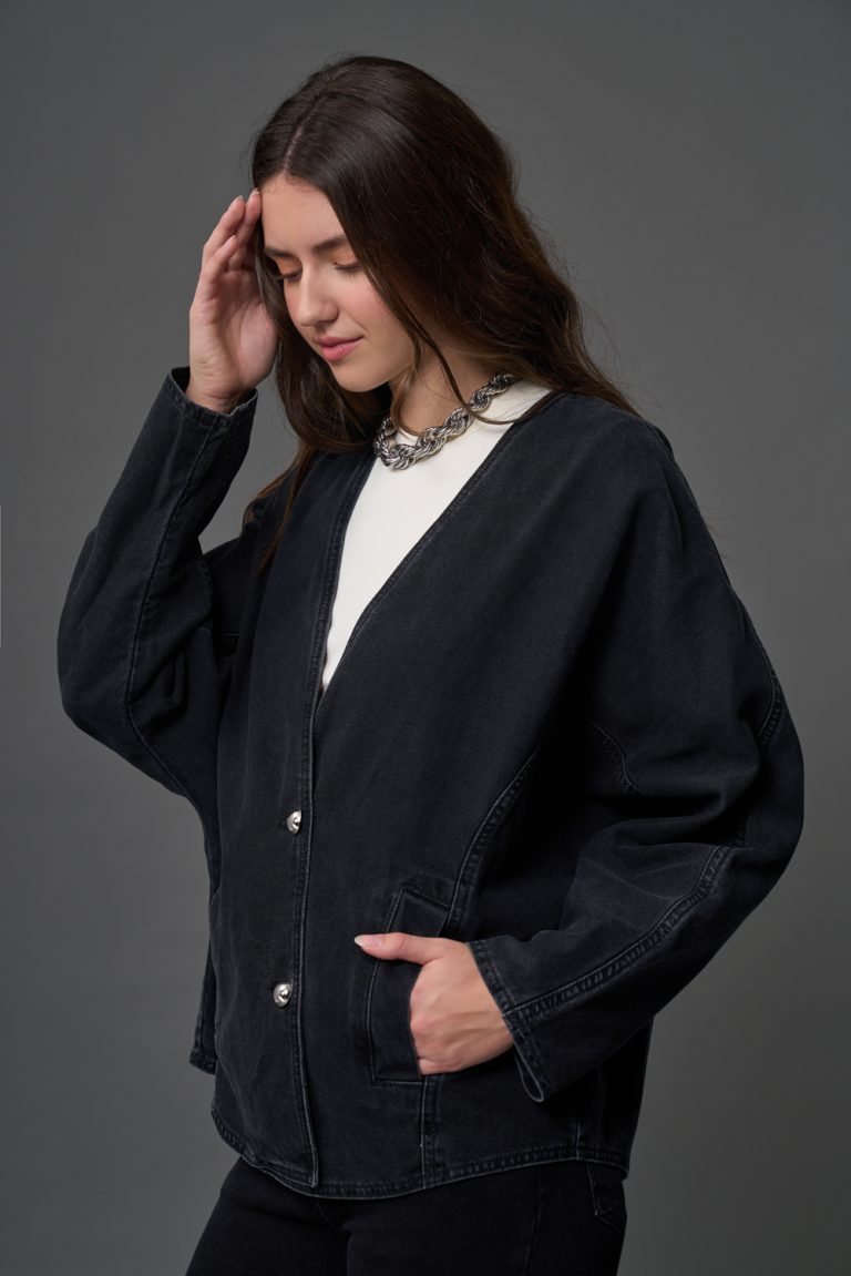 Mizalle Antrasit Oversize Yakasız Denim Ceket - Mizalle