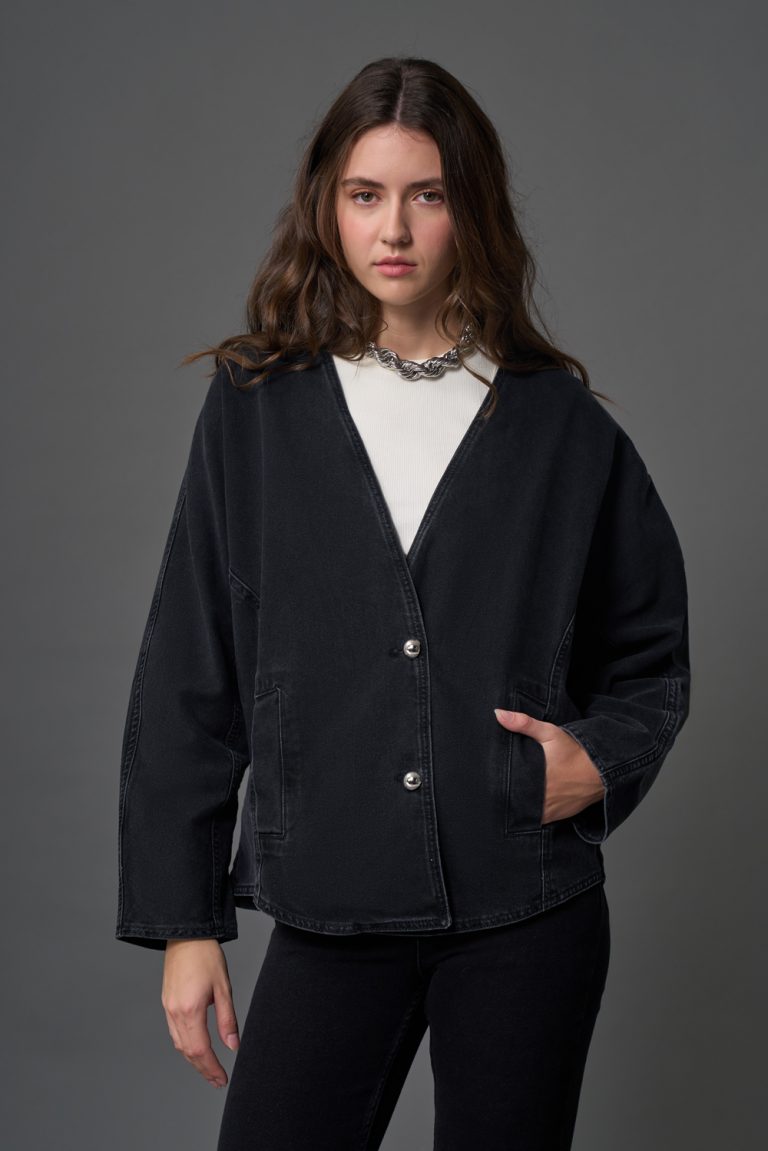 Mizalle Antrasit Oversize Yakasız Denim Ceket - Mizalle