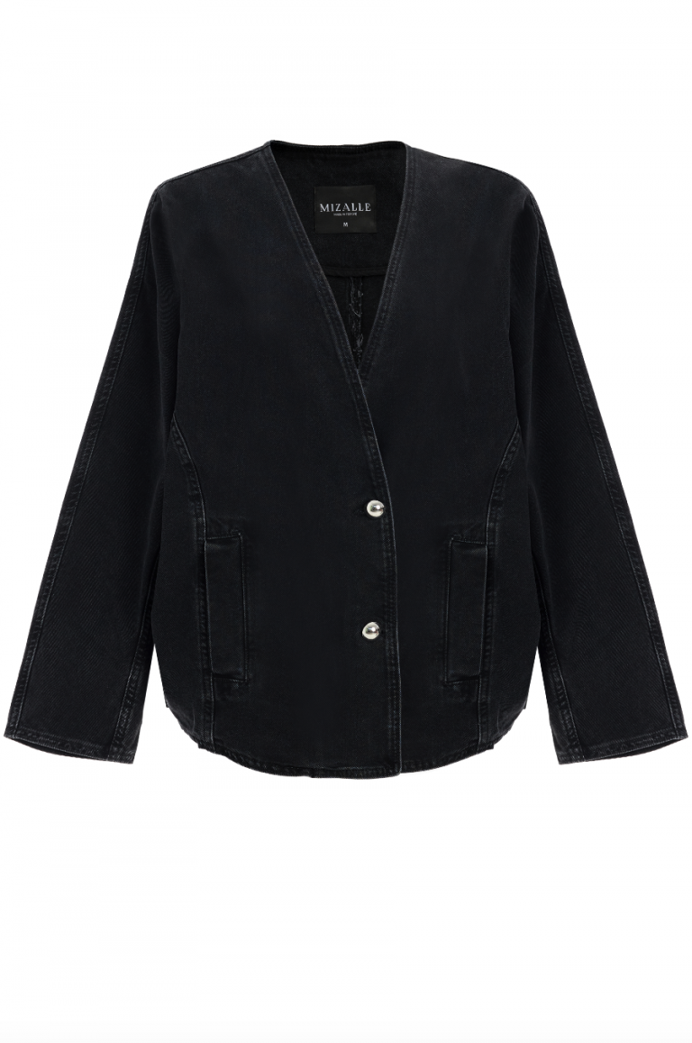 Mizalle Antrasit Oversize Yakasız Denim Ceket - Mizalle