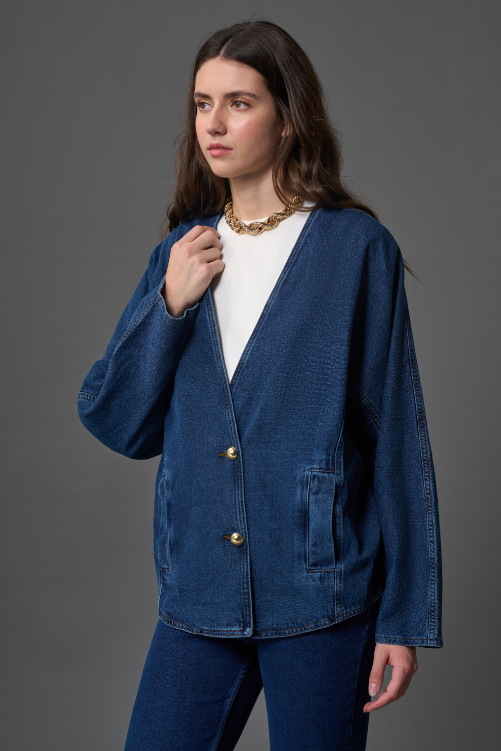 Over Kalıp İndigo Denim Ceket - 3