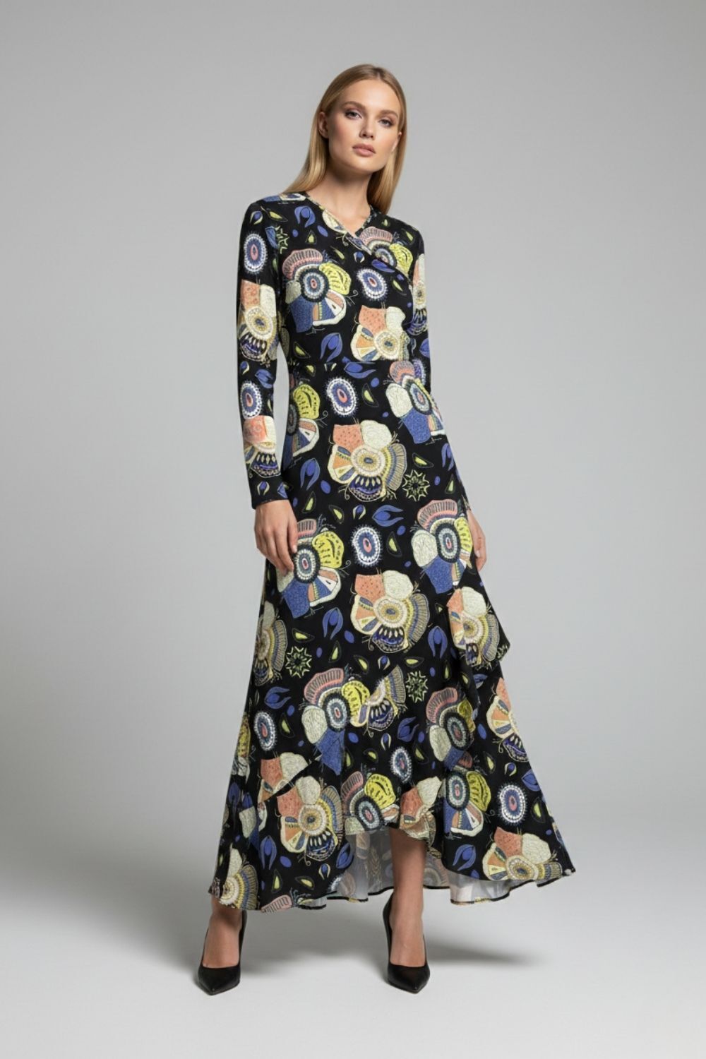 Mizalle Mavi Desenli Kat Volanlı Etek Detaylı Uzun Elbise - Mizalle