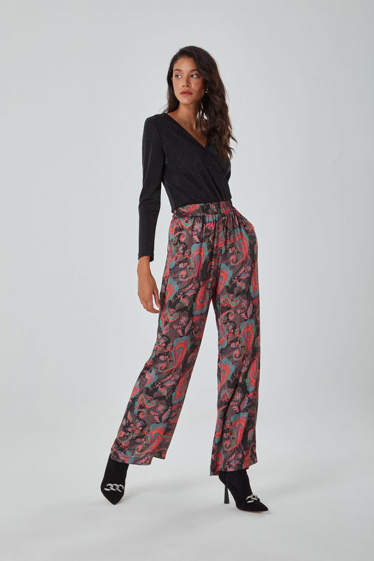 Mizalle Şal Desenli Çok Renkli Geniş Paça Pantolon - Mizalle