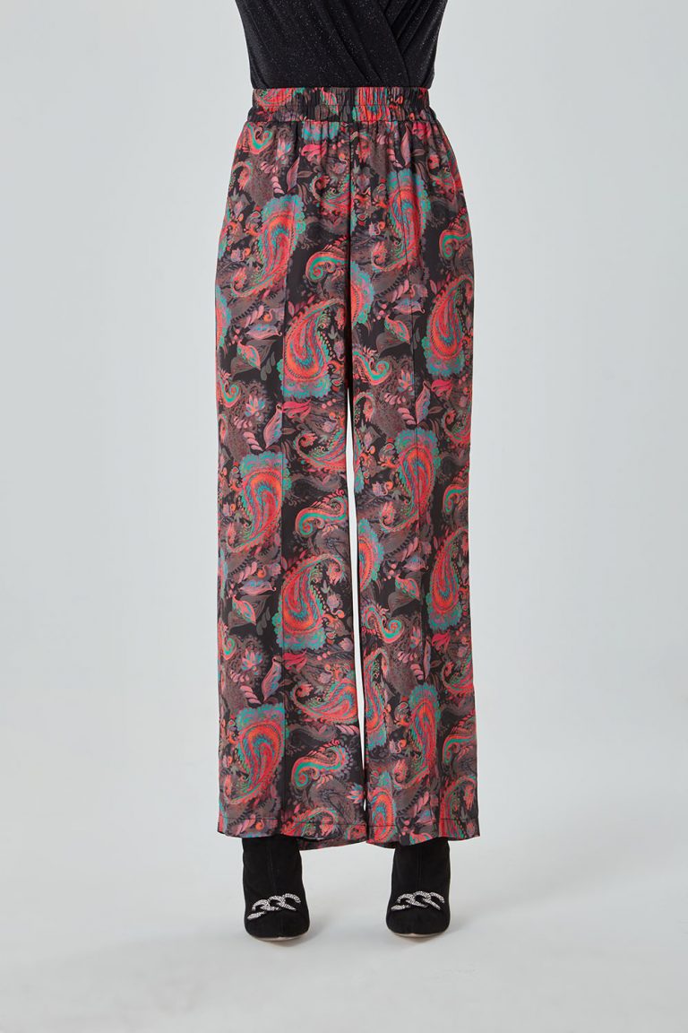 Mizalle Şal Desenli Çok Renkli Geniş Paça Pantolon - Mizalle