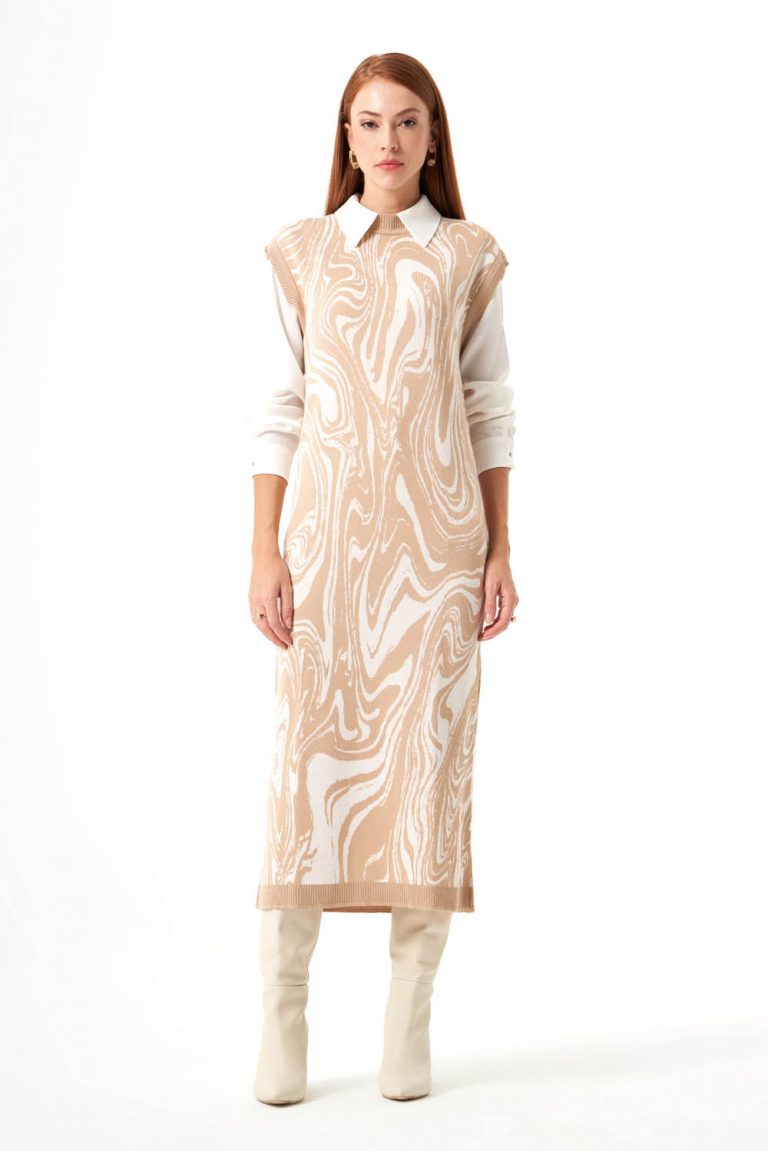 Mizalle Bej Rengi Mermer Desenli Uzun Triko Elbise - Mizalle