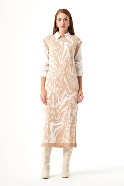 Mizalle - Mizalle Bej Rengi Mermer Desenli Uzun Triko Elbise 