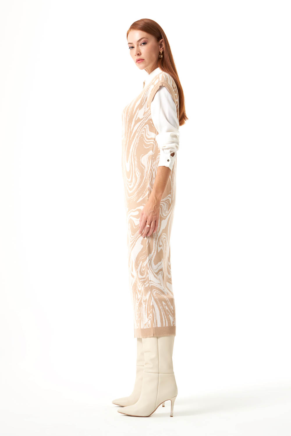 Mizalle Bej Rengi Mermer Desenli Uzun Triko Elbise 