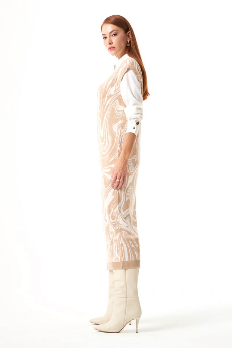 Mizalle Bej Rengi Mermer Desenli Uzun Triko Elbise - Mizalle