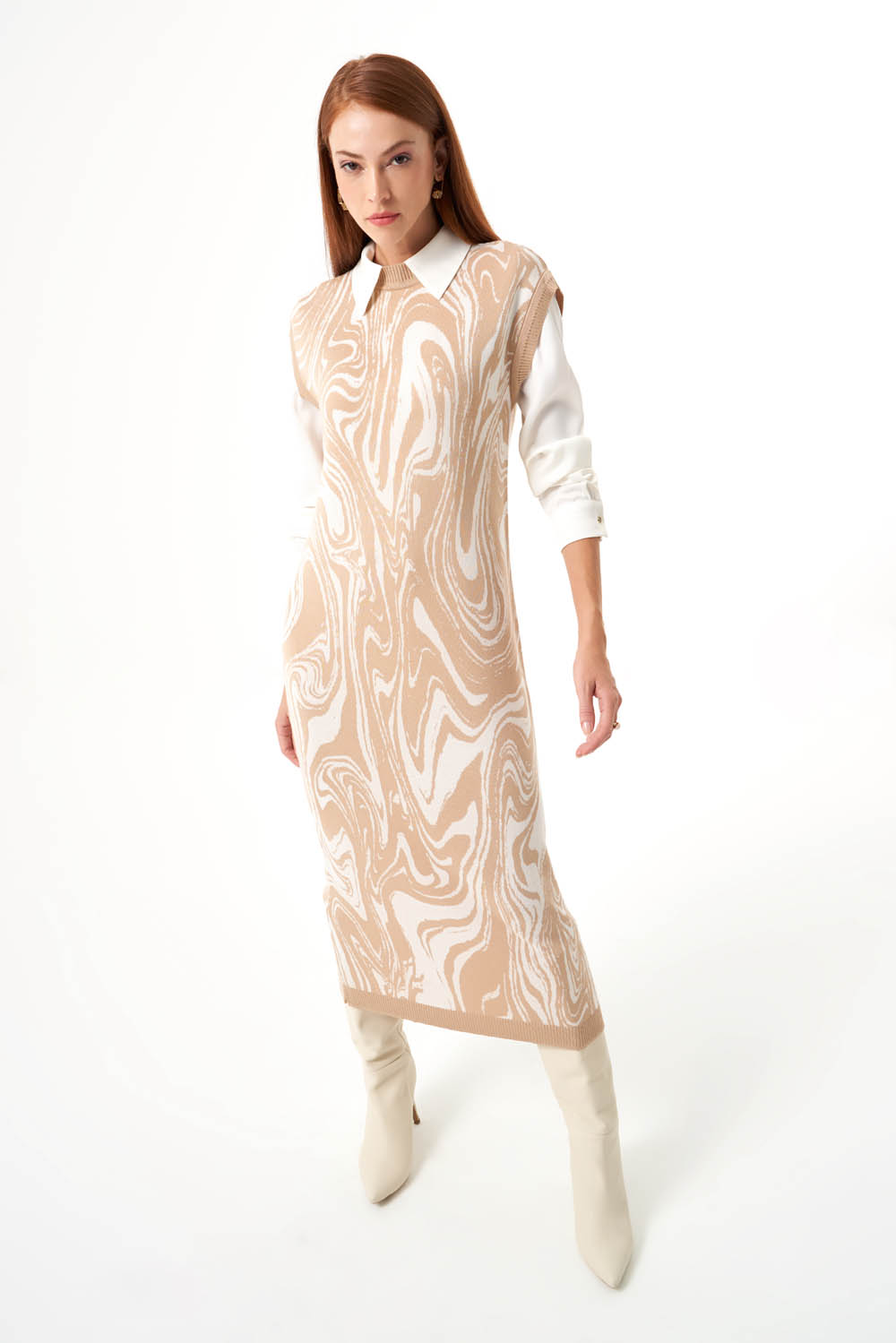 Mizalle Bej Rengi Mermer Desenli Uzun Triko Elbise 