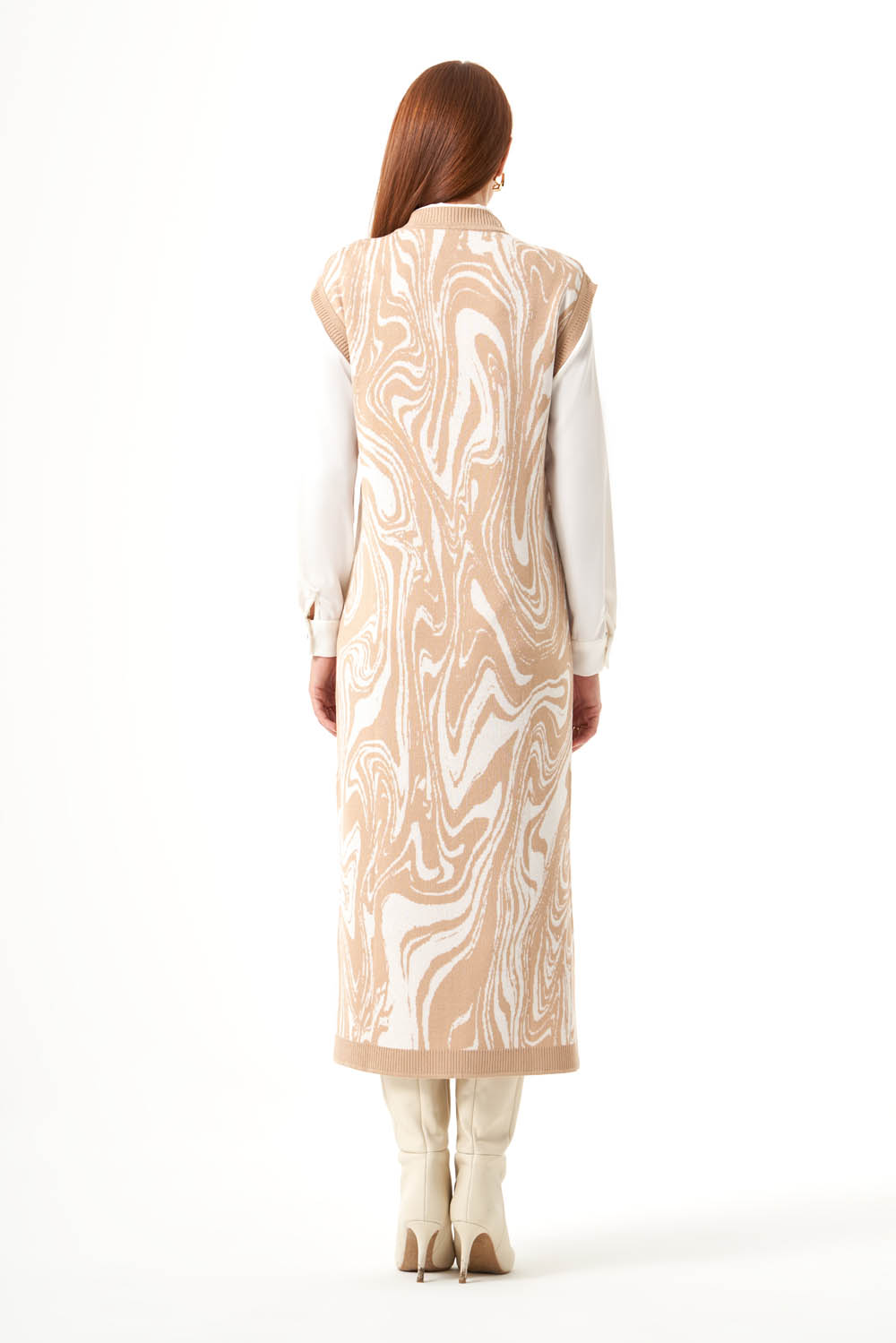 Mizalle Bej Rengi Mermer Desenli Uzun Triko Elbise 