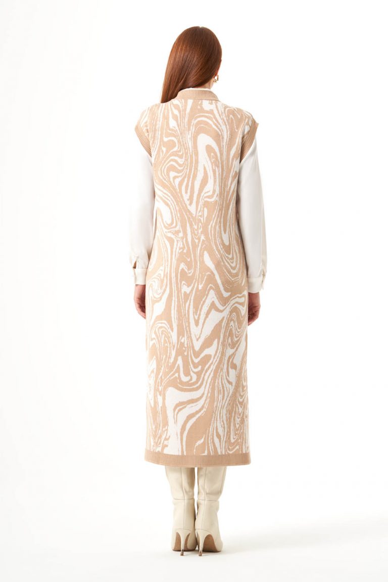 Mizalle Bej Rengi Mermer Desenli Uzun Triko Elbise - Mizalle