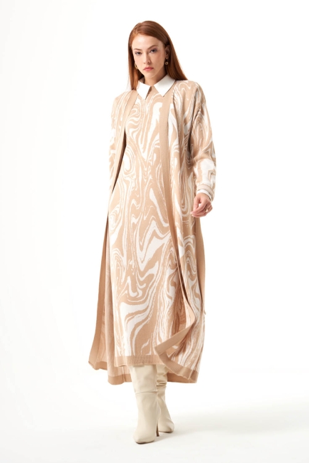 Mizalle - Mizalle Mermer Desenli Bej Rengi Uzun Triko Hırka