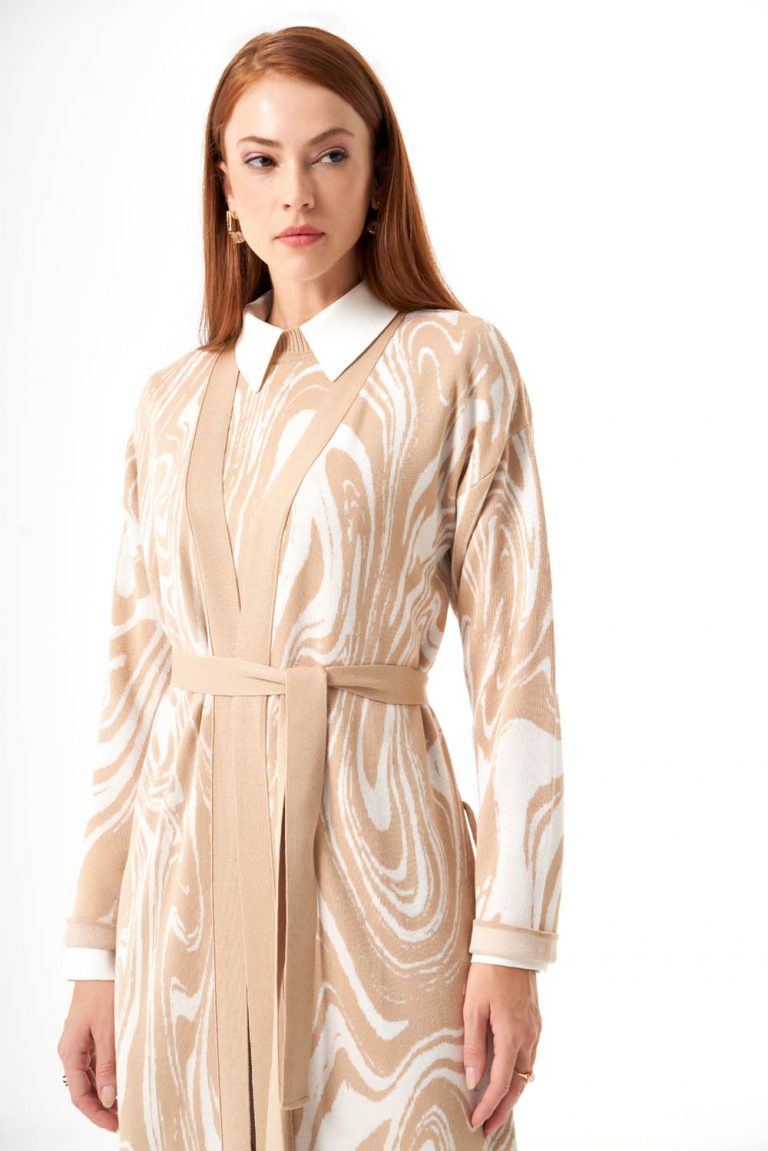 Mizalle Mermer Desenli Bej Rengi Uzun Triko Hırka - Mizalle