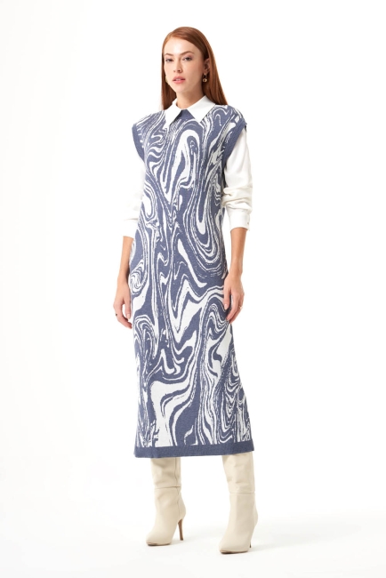 Mizalle - Mizalle İndigo Mavi Mermer Desenli Uzun Triko Elbise 