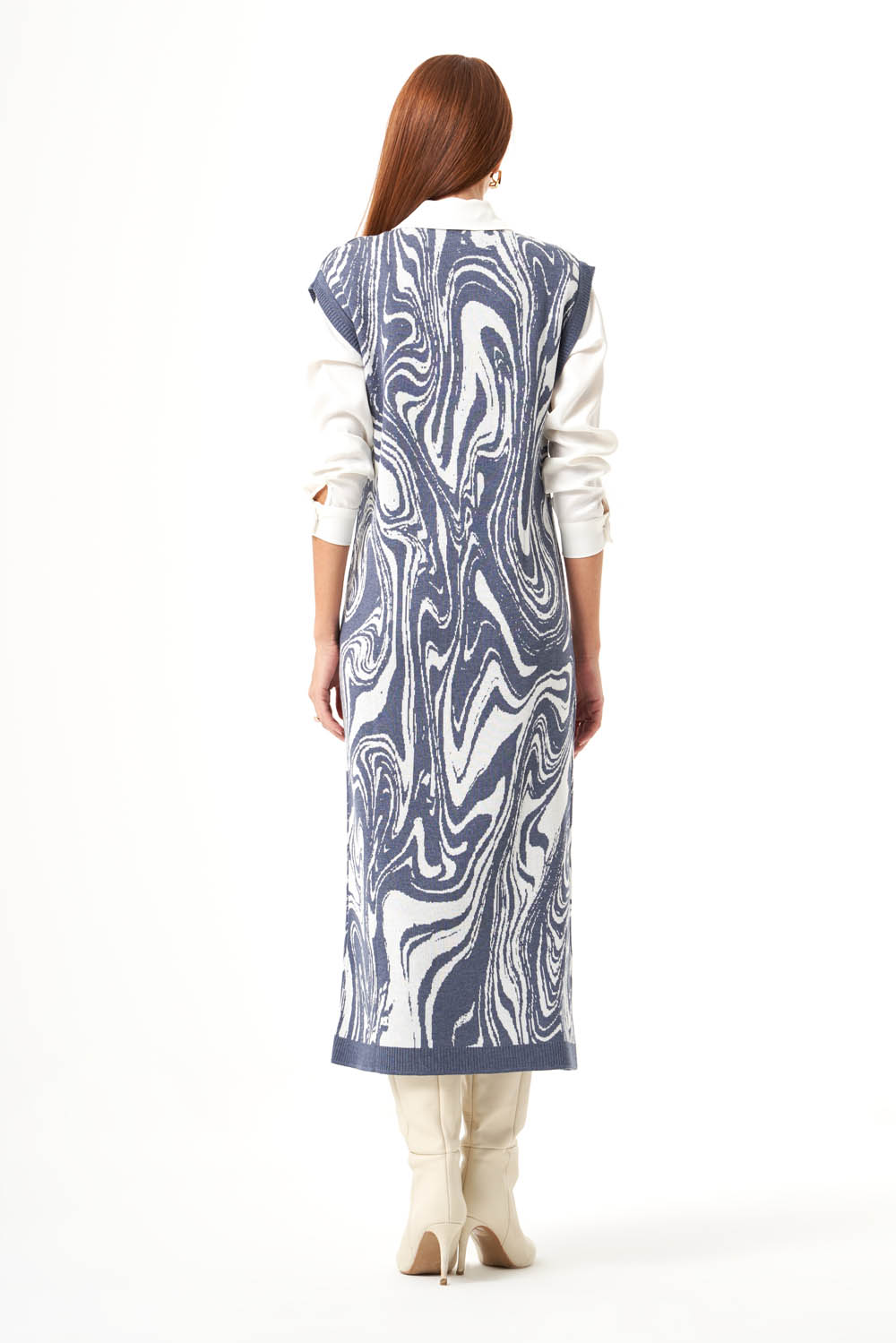 Mizalle İndigo Mavi Mermer Desenli Uzun Triko Elbise 