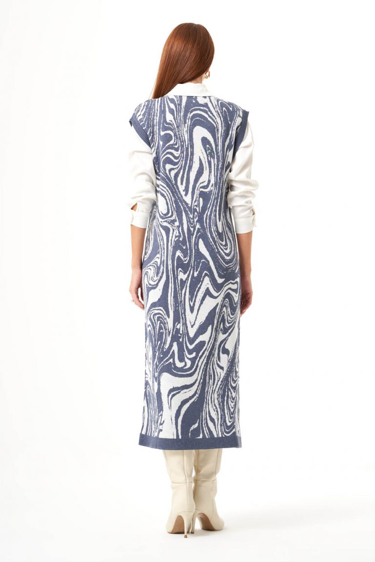 Mizalle İndigo Mavi Mermer Desenli Uzun Triko Elbise - Mizalle