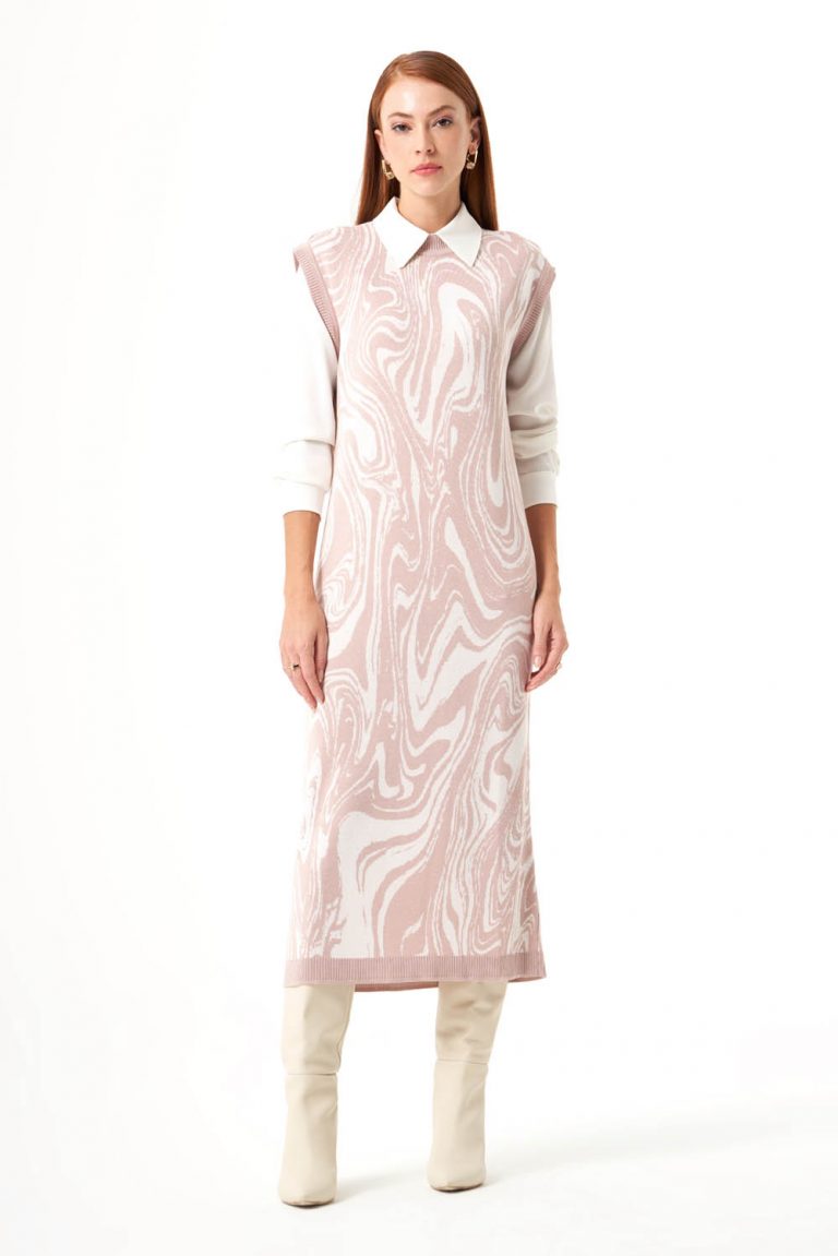 Mizalle Pudra Pembe Mermer Desenli Uzun Triko Elbise - Mizalle
