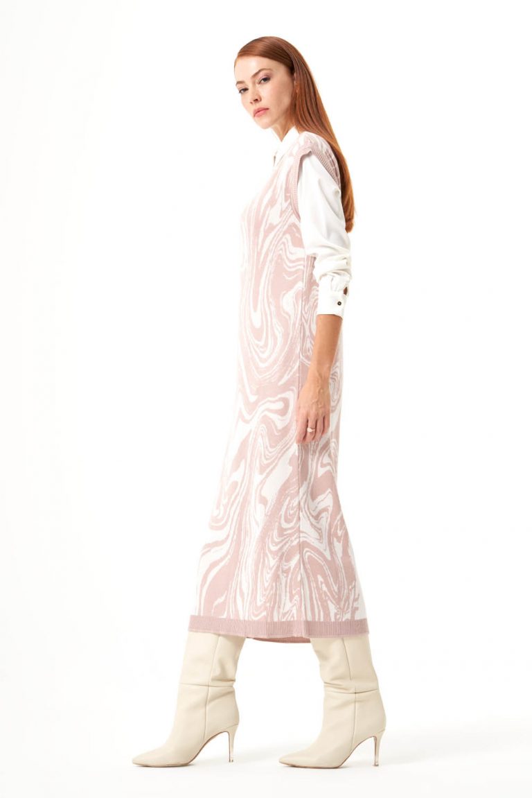 Mizalle Pudra Pembe Mermer Desenli Uzun Triko Elbise - Mizalle