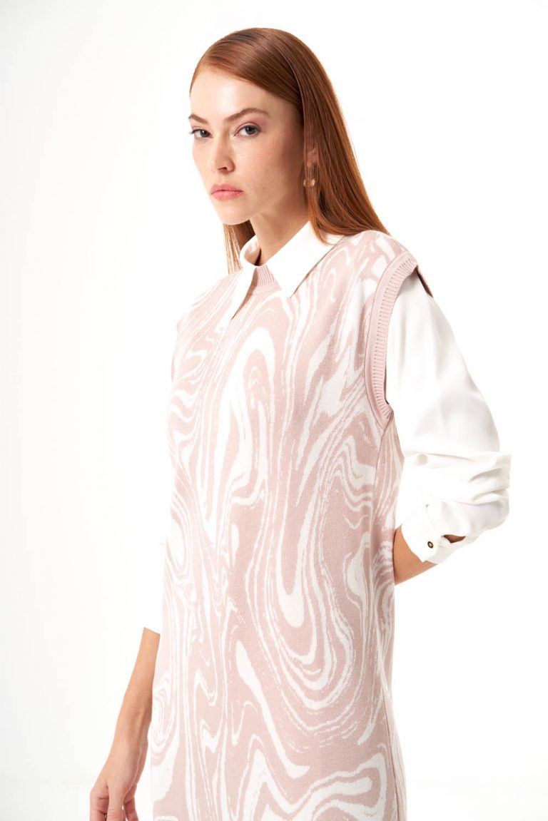 Mizalle Pudra Pembe Mermer Desenli Uzun Triko Elbise - Mizalle