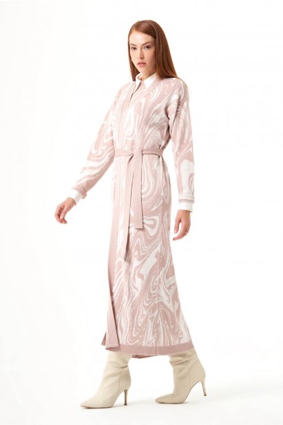 Mizalle Mermer Desenli Pudra Pembe Uzun Triko Hırka - Mizalle