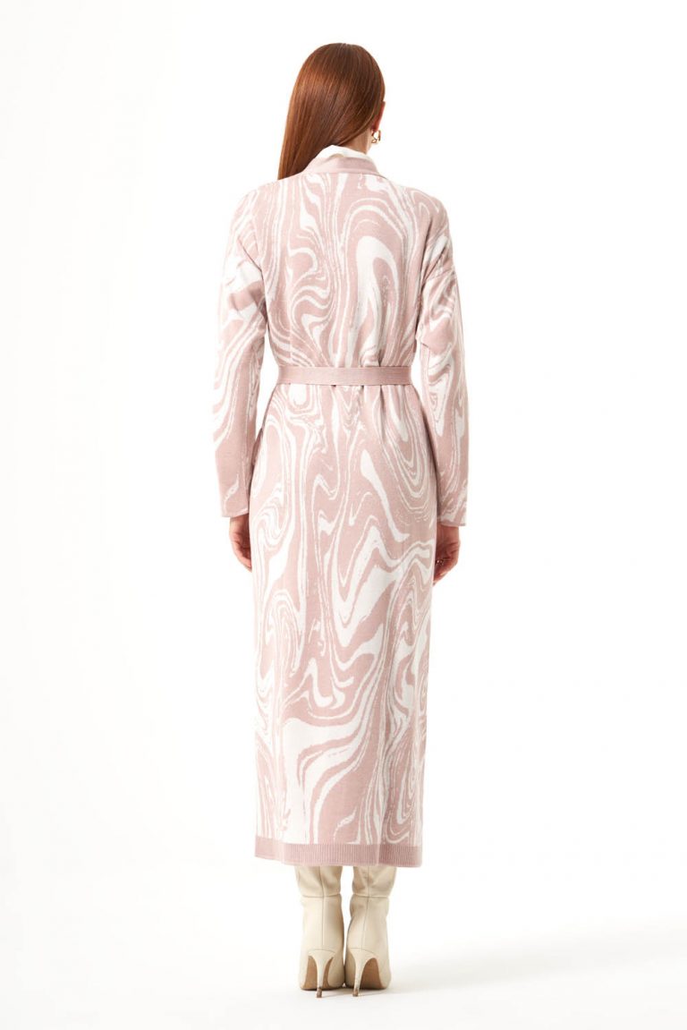 Mizalle Mermer Desenli Pudra Pembe Uzun Triko Hırka - Mizalle