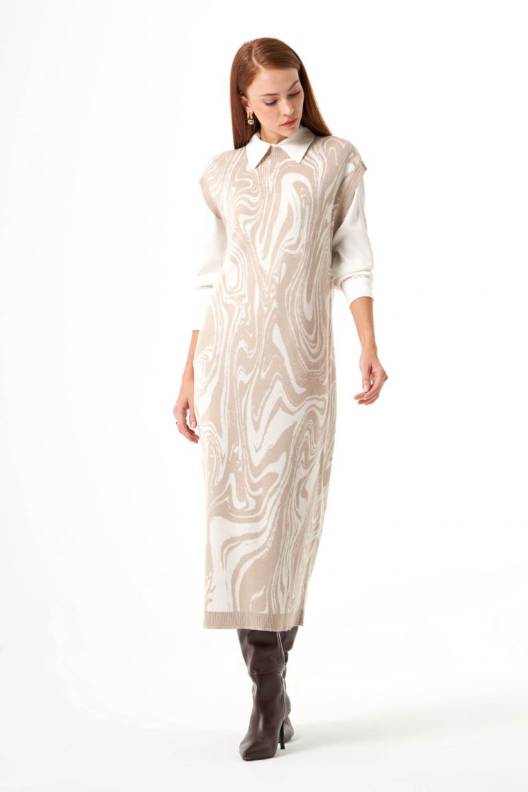 Mizalle Taş Rengi Mermer Desenli Uzun Triko Elbise - Mizalle