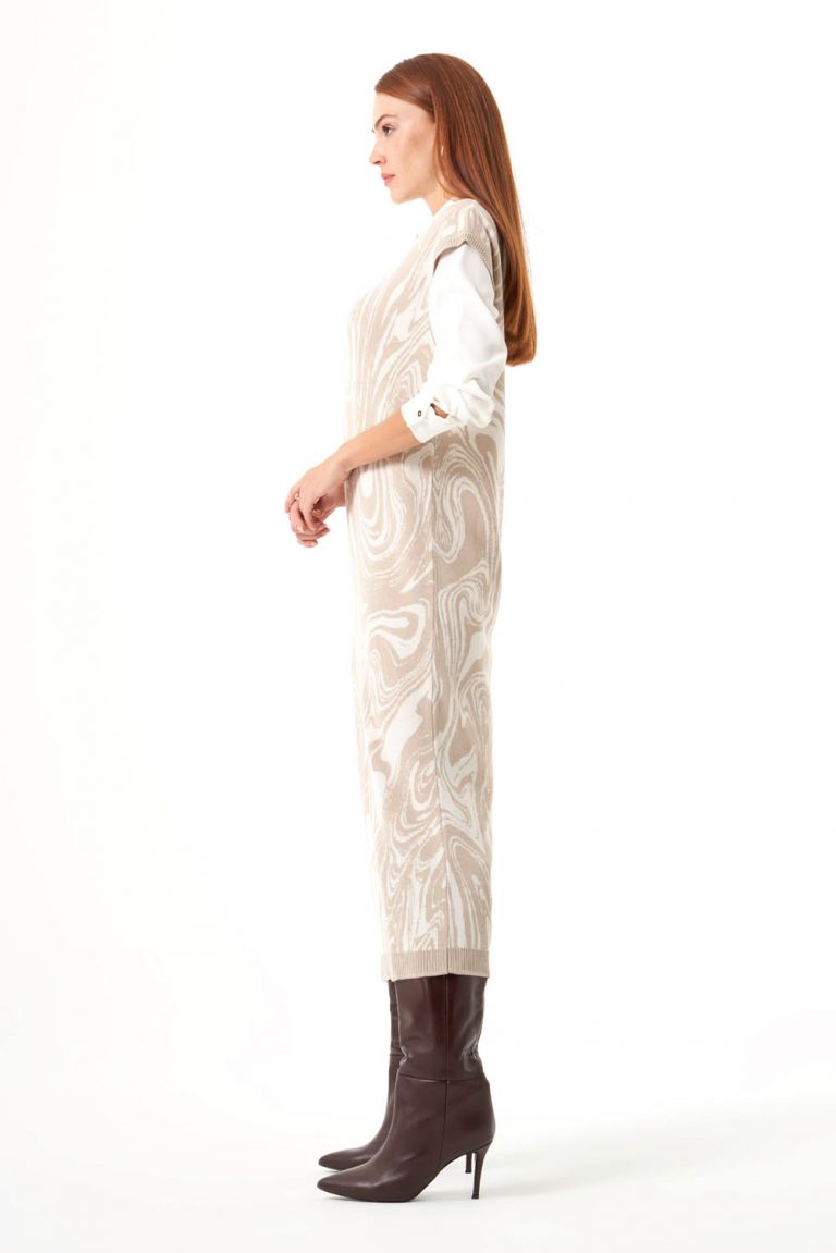 Mizalle Taş Rengi Mermer Desenli Uzun Triko Elbise - Mizalle