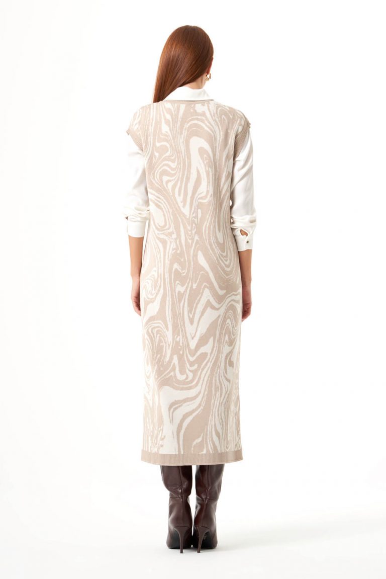 Mizalle Taş Rengi Mermer Desenli Uzun Triko Elbise - Mizalle