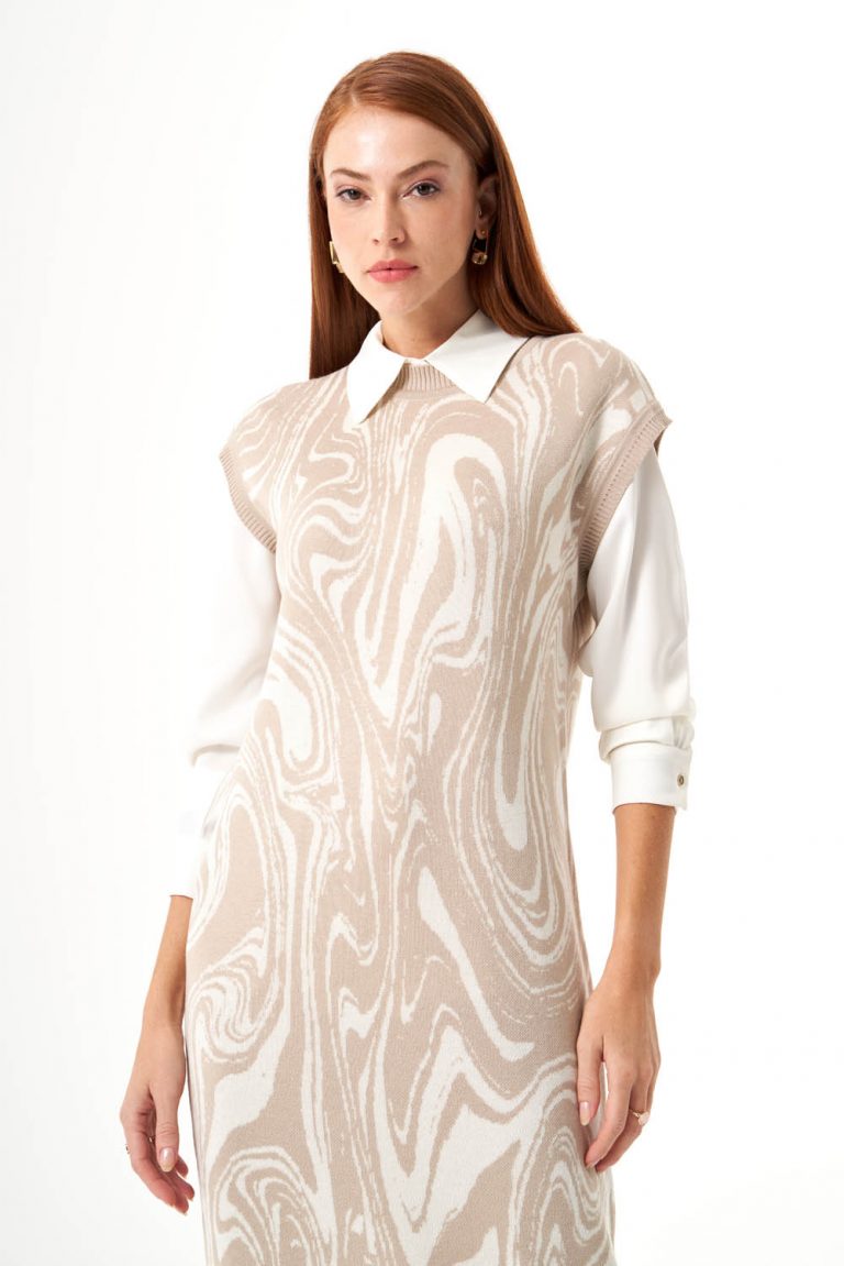 Mizalle Taş Rengi Mermer Desenli Uzun Triko Elbise - Mizalle