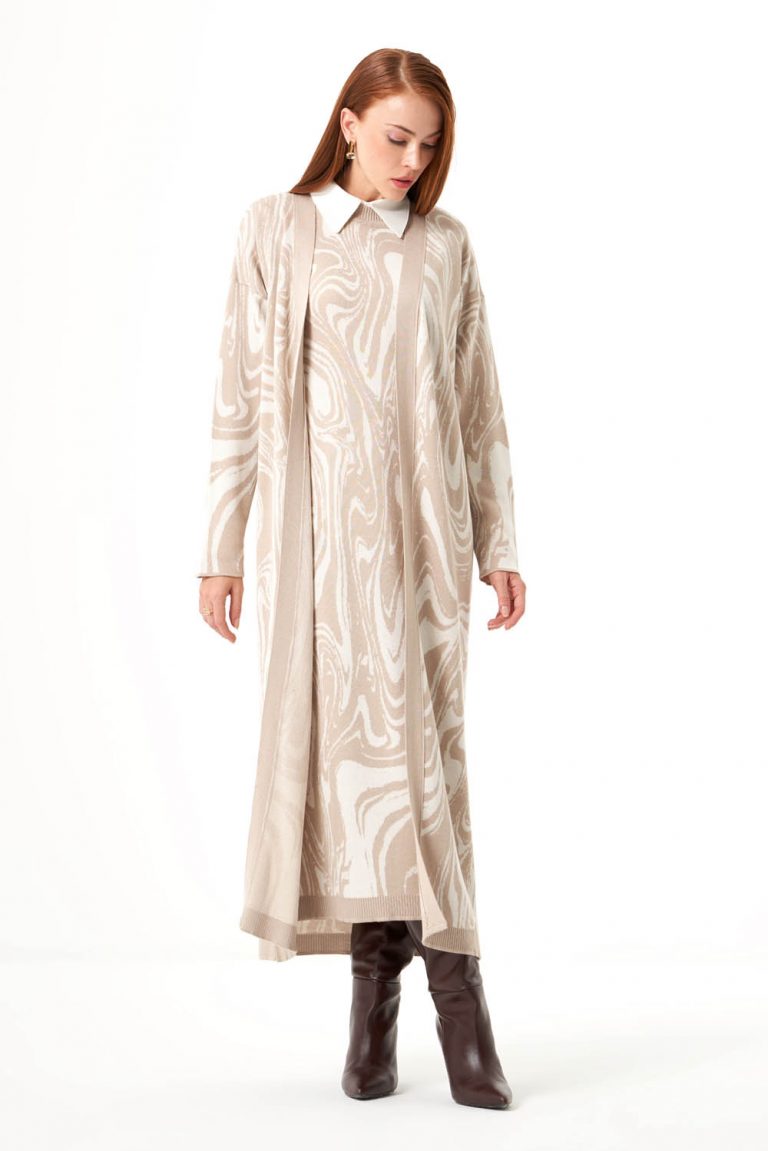 Mizalle Mermer Desenli Taş Rengi Uzun Triko Hırka - Mizalle