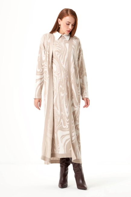 Mizalle - Mizalle Mermer Desenli Taş Rengi Uzun Triko Hırka