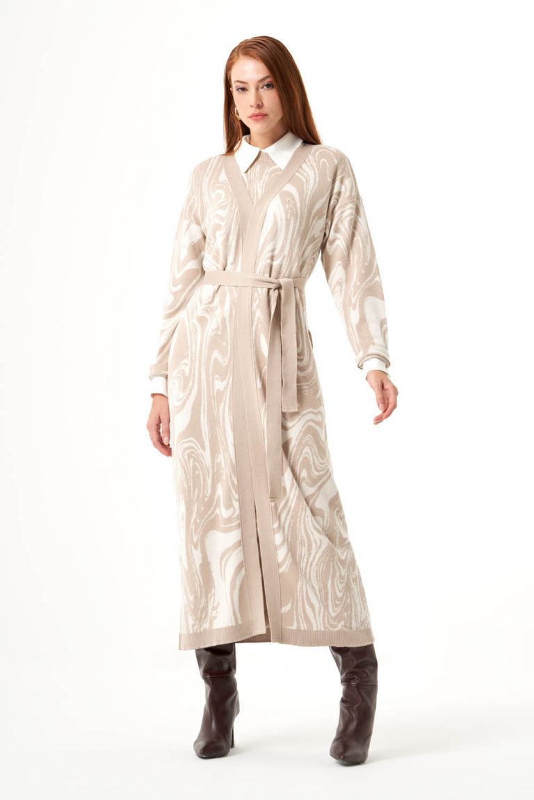 Mizalle Mermer Desenli Taş Rengi Uzun Triko Hırka - Mizalle