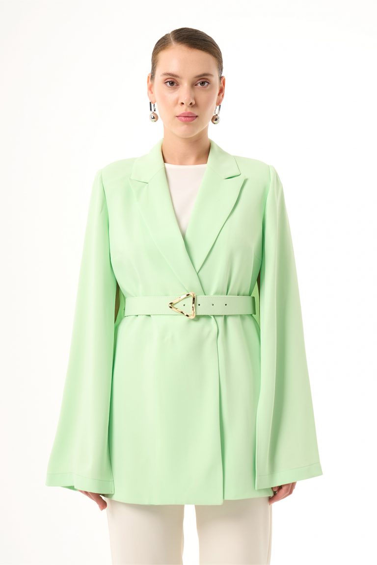 Mizalle Kemer Detaylı İnce Krep Açık Yeşil Pelerin Ceket - Mizalle