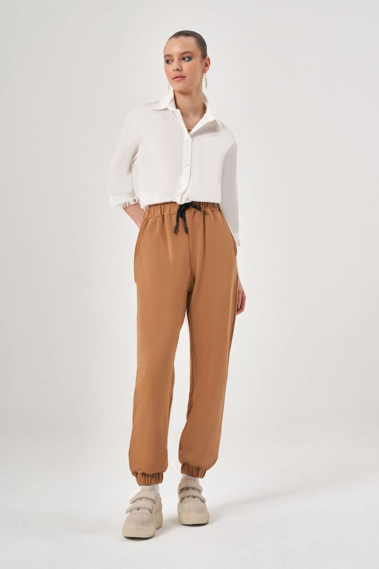 Paça Lastikli Örme Taba Pantolon - Mizalle