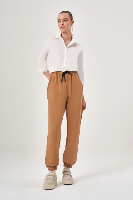 Mizalle - Paça Lastikli Örme Taba Pantolon Mizalle - Paça Lastikli Örme Taba Pantolon