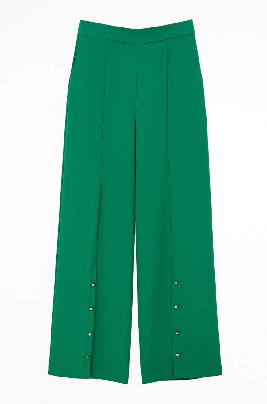 Mizalle Gold Top Düğme Detaylı Geniş Paça Yeşil Pantolon