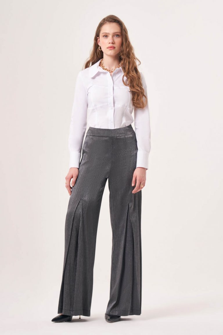 Mizalle Pileli Geniş Paça Parlak Gri Pantolon - Mizalle